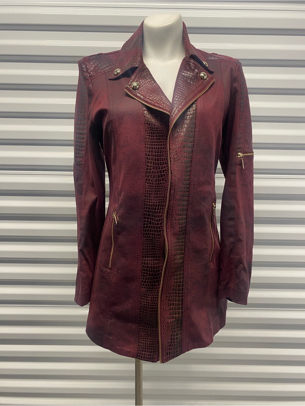 Women’s Burgundy Croc-Trim Long Moto Jacket